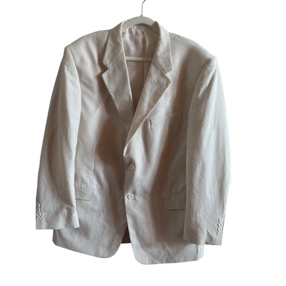 Adolfo White Tan Stripe Seersucker Men's 2 Button Jacket Sz 44R Preppy Nautical